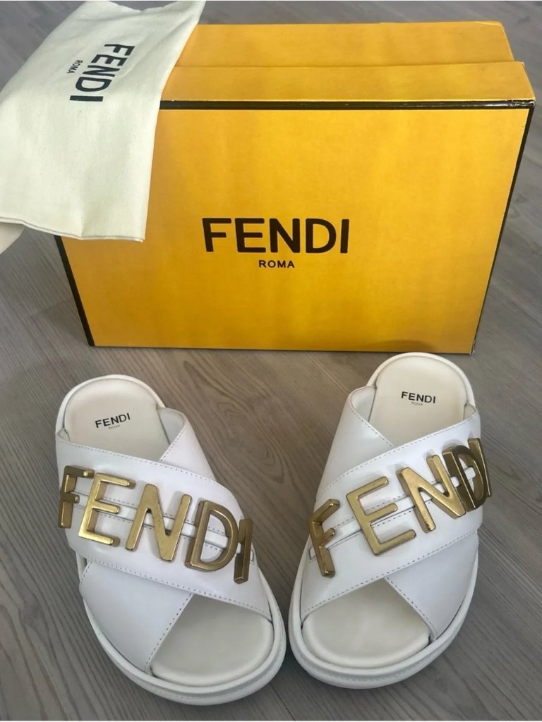 Fendi White Leather Crisscross Slide Sandals Large Gold 3d Fendi Letter Slip On